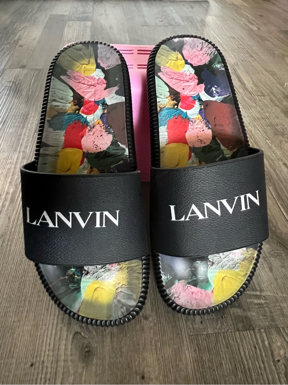 Lanvin Black Logo Slide Sandals with Colorful Paint-Print Footbed